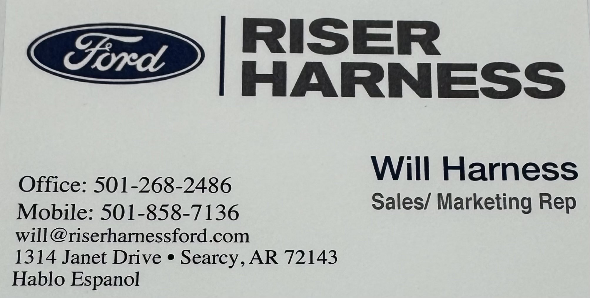 Riser Harness Ford contact card for Will Harness